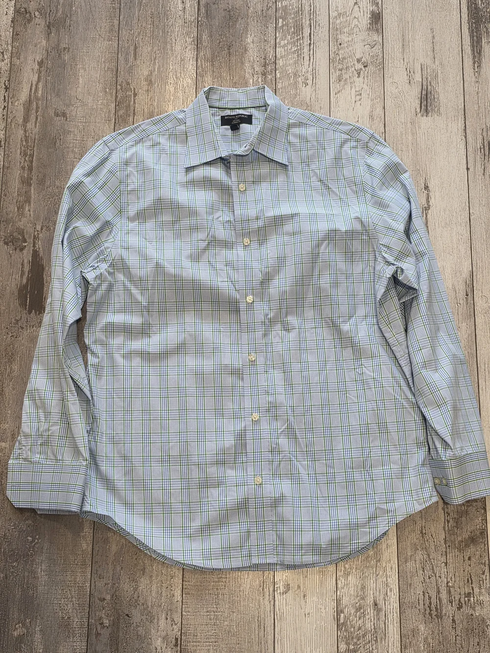 (L) 16-16.5 34/35 Men's Banana Republic Dress Shirt Green Blue Plaid All Cotton